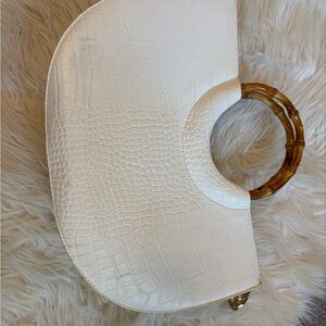 White Croc Embossed Handbag with Bamboo Handles